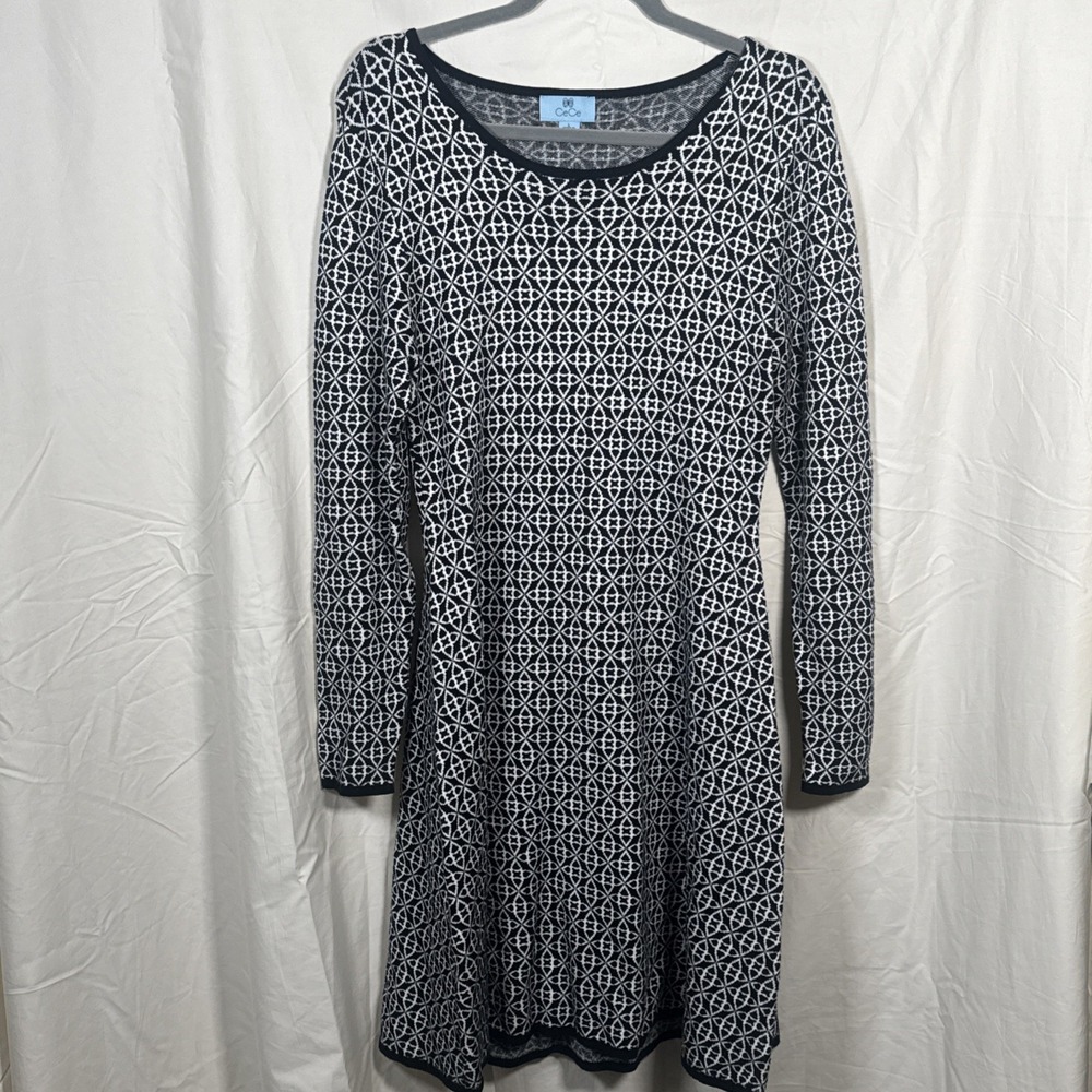 CeCe‎ Black & White Sweater Dress Geometric Design Size Large